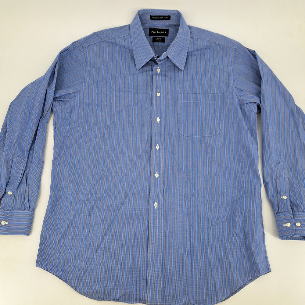 Paul Fredrick Classic Fit Dress Shirt Mens 16.5 x 35 Cotton Blue Striped Check - Picture 3 of 9